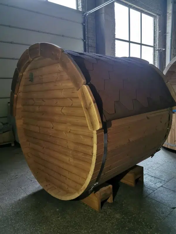 Outdoor barrel sauna, rear exterior with curved wooden wall