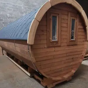 Outdoor barrel sauna, rear exterior with paired windows