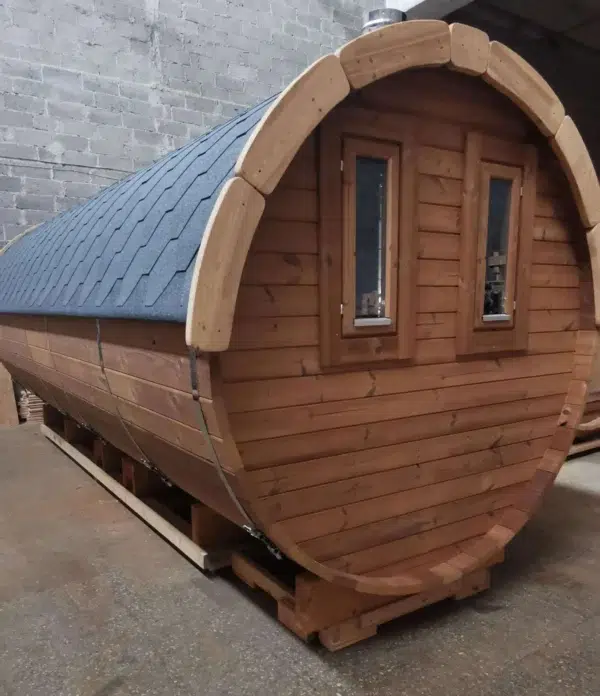 Outdoor barrel sauna, rear exterior with paired windows