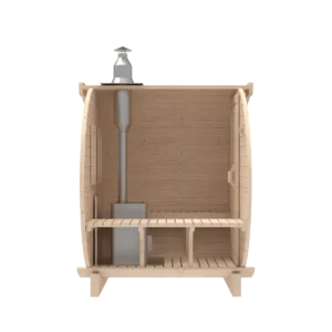 Outdoor barrel sauna, side cutaway showing bench and chimney