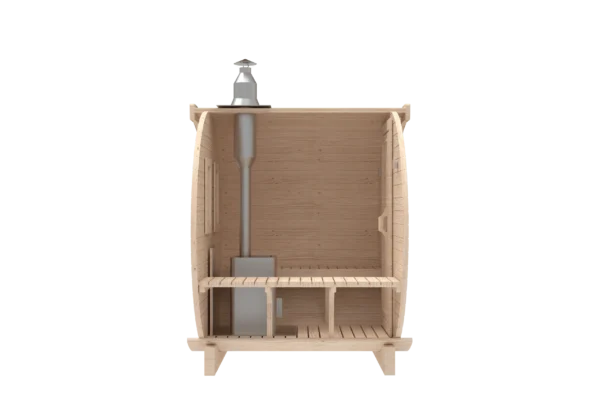 Outdoor barrel sauna, side cutaway showing bench and chimney