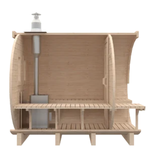 Outdoor barrel sauna, side cutaway showing bench and chimney