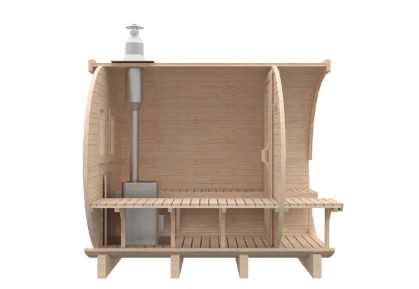 Outdoor barrel sauna, side cutaway showing bench and chimney
