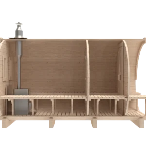 Outdoor barrel sauna, side cutaway showing benches and chimney