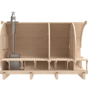 Outdoor barrel sauna, side cutaway showing benches and chimney