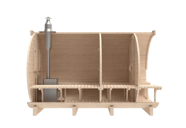 Outdoor barrel sauna, side cutaway showing benches and chimney