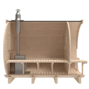 Outdoor barrel sauna, side cutaway showing benches and chimney