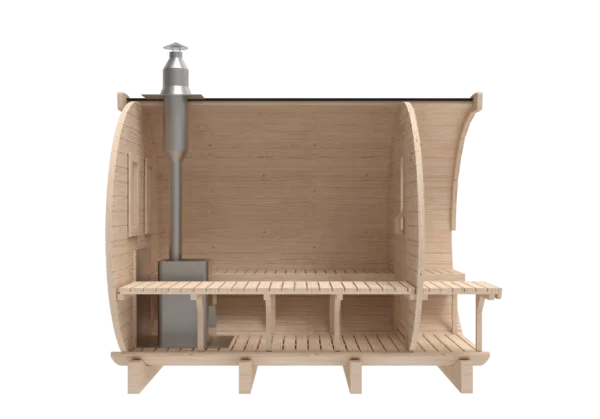 Outdoor barrel sauna, side cutaway showing benches and chimney