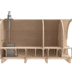 Outdoor barrel sauna, side cutaway showing benches and chimney