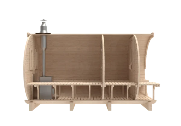 Outdoor barrel sauna, side cutaway showing benches and chimney