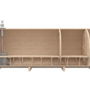 Outdoor barrel sauna, side cutaway showing interior benches and partitions