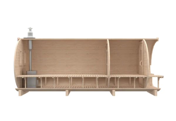 Outdoor barrel sauna, side cutaway showing interior benches and partitions