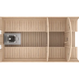 Outdoor barrel sauna, top-down cutaway showing benches and changing area