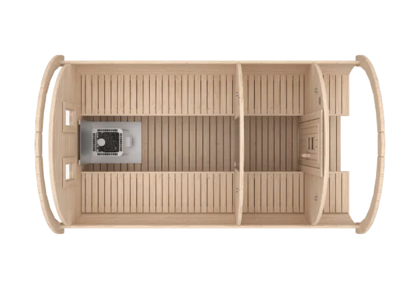Outdoor barrel sauna, top-down cutaway showing benches and changing area
