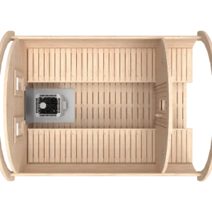 Outdoor barrel sauna, top-down cutaway showing benches and heater