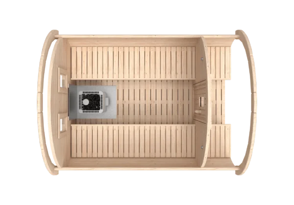 Outdoor barrel sauna, top-down cutaway showing benches and heater