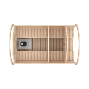 Outdoor barrel sauna, top-down cutaway showing benches and separate entrance area
