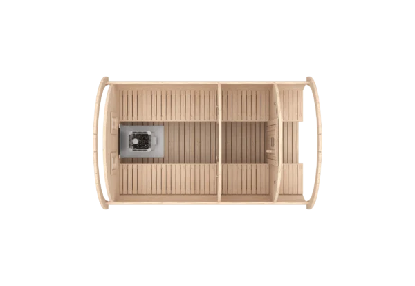 Outdoor barrel sauna, top-down cutaway showing benches and separate entrance area