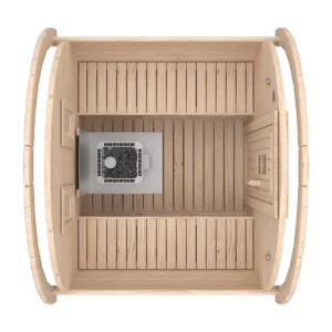 Outdoor barrel sauna, top-down cutaway showing benches and stove
