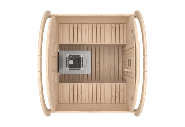 Outdoor barrel sauna, top-down cutaway showing benches and stove