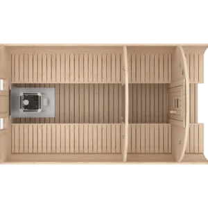 Outdoor barrel sauna, top-down cutaway showing interior layout