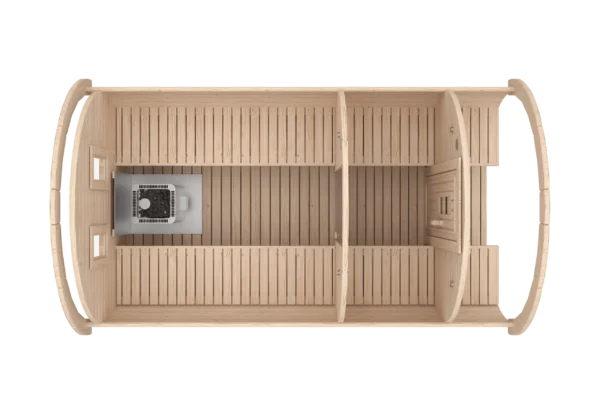 Outdoor barrel sauna, top-down cutaway showing interior layout