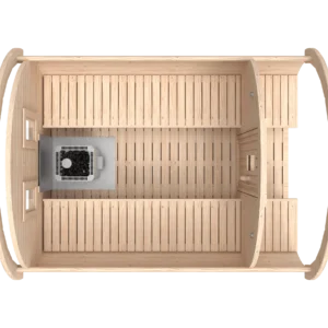 Outdoor barrel sauna, top-down cutaway showing interior layout