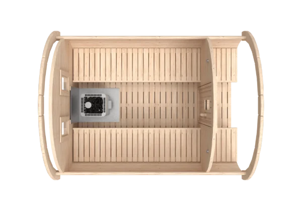 Outdoor barrel sauna, top-down cutaway showing interior layout
