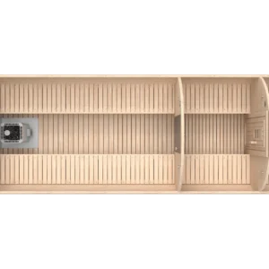 Outdoor barrel sauna, top-down cutaway showing interior layout