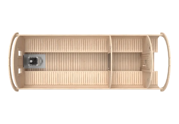 Outdoor barrel sauna, top-down cutaway showing interior layout