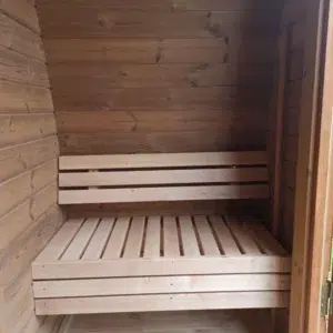 Outdoor pod sauna, changing-room bench with backrest