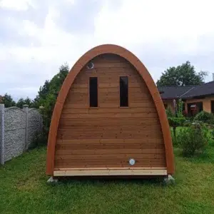 Outdoor pod sauna, rear exterior with two small windows