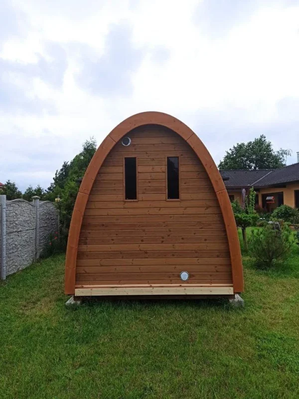 Outdoor pod sauna, rear exterior with two small windows