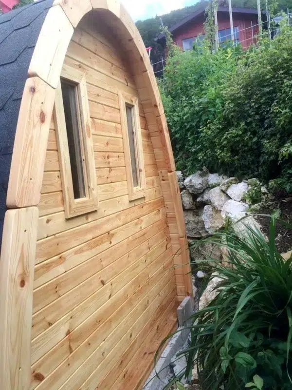 Outdoor pod sauna, rear wall with two narrow windows