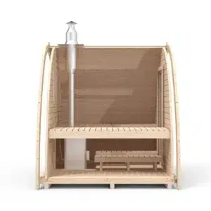 Outdoor pod sauna, side cutaway showing bench and chimney