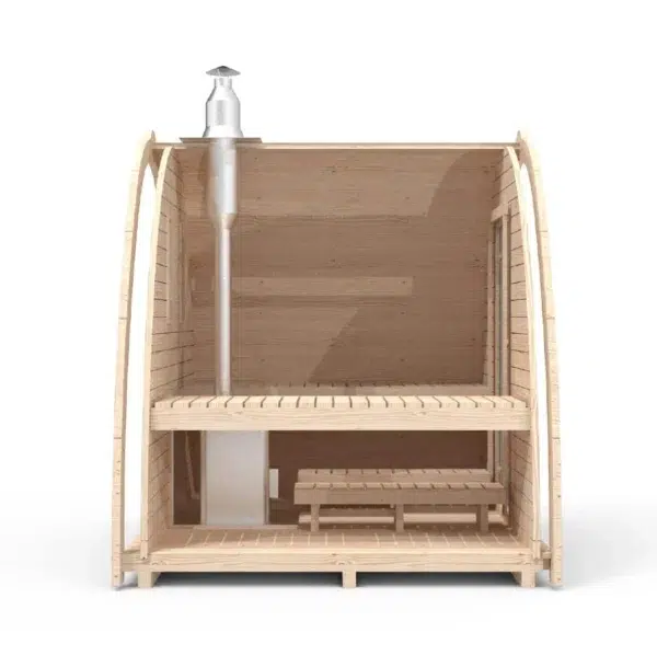 Outdoor pod sauna, side cutaway showing bench and chimney