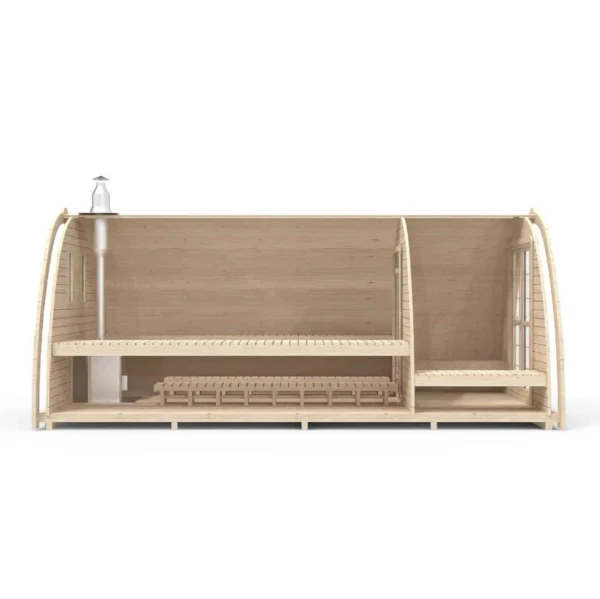 Outdoor pod sauna, side cutaway showing benches and changing area