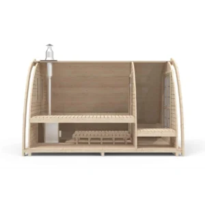 Outdoor pod sauna, side cutaway showing benches and chimney