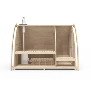 Outdoor pod sauna, side cutaway showing benches and chimney