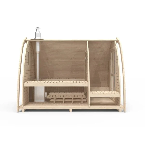 Outdoor pod sauna, side cutaway showing benches and chimney