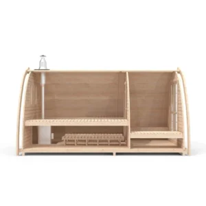 Outdoor pod sauna, side cutaway showing benches and chimney