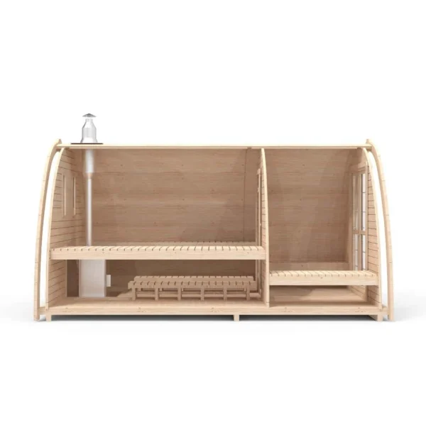 Outdoor pod sauna, side cutaway showing benches and chimney