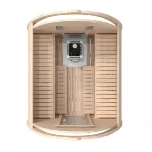 Outdoor pod sauna, top-down cutaway showing benches and heater