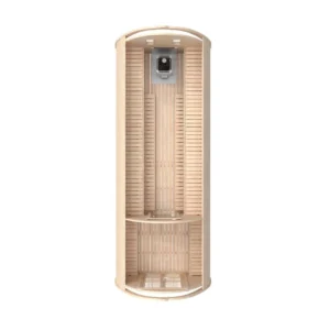 Outdoor pod sauna, top-down cutaway showing elongated interior layout