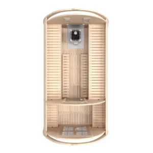 Outdoor pod sauna, top-down cutaway showing interior layout