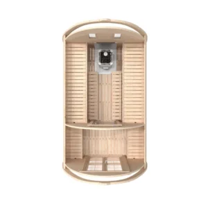 Outdoor pod sauna, top-down cutaway showing sauna and changing area