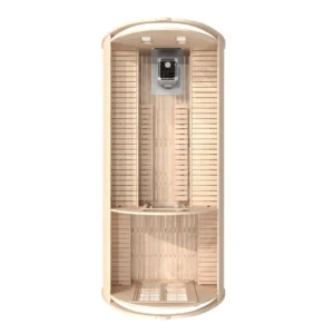 Outdoor pod sauna, top-down cutaway showing sauna and changing area