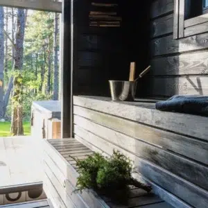 Sauna interior, dark wooden benches beside an open glass door