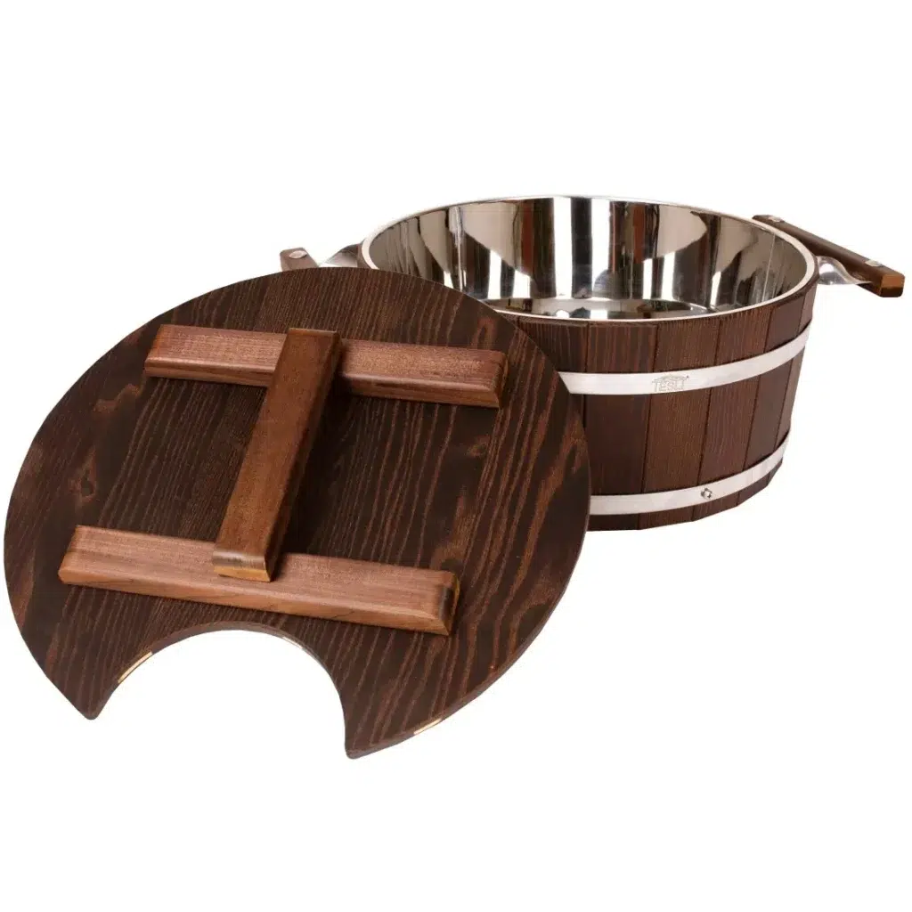 TESLI 15 L thermo wood sauna bucket with stainless steel insert and lid, lid removed to show metal liner
