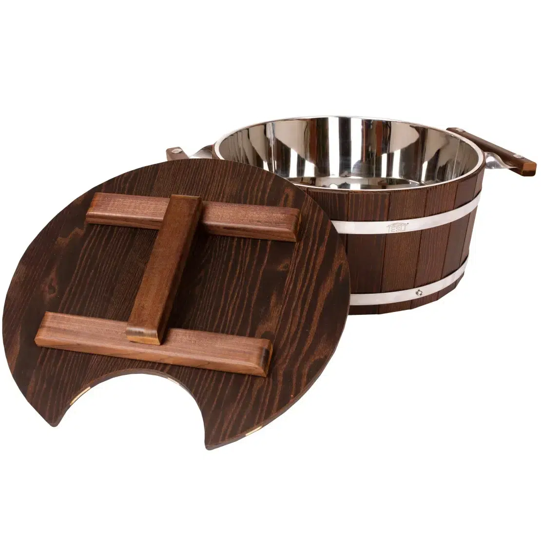 TESLI 15 L thermo wood sauna bucket with stainless steel insert and lid, lid removed to show metal liner